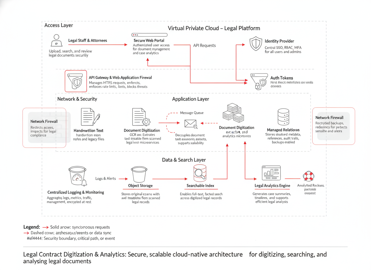 Legal industry OCR document management flow: Contract Analysis, Case File Digitization, Compliance Discovery, and Archival Search implementation.